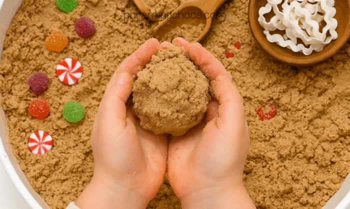 Child holding a ball of gingerbread moon sand, showing the soft moldable texture of the finished sensory recipe.