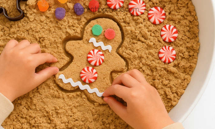 Child decorating a gingerbread man shape pressed into gingerbread moon sand using gumdrop “buttons,” peppermint candies, and white rickrack ribbon.