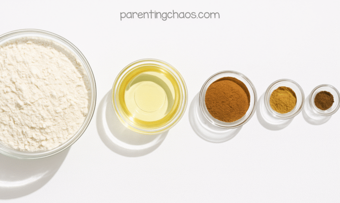 Flour, oil, and spices in glass bowls arranged in a line on a white background, ready for a gingerbread moon sand sensory recipe.