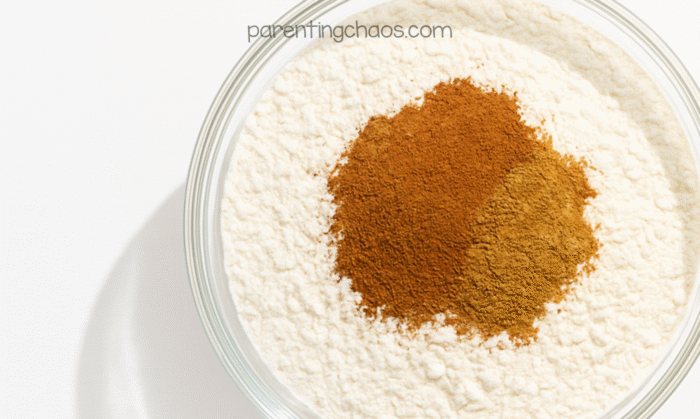 Gingerbread spices added to flour in a clear mixing bowl, seen from above.