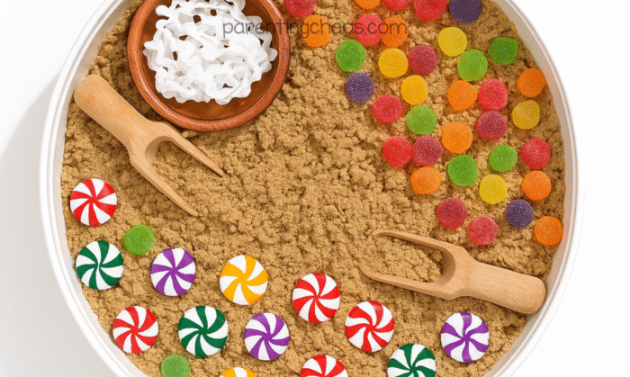 Finished gingerbread moon sand in a sensory bin with colorful gumdrop candies, peppermint toys, and wooden scoops.