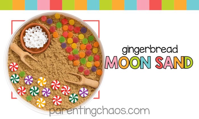 Promotional image for Gingerbread Moon Sand, featuring a sensory bin filled with spiced moon sand, colorful gumdrops, peppermint candies, and wooden scoops with bright holiday-themed text that reads “Gingerbread Moon Sand.”