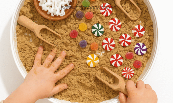 Child playing with gingerbread moon sand, hands digging among pretend candy pieces and wooden scoops.
