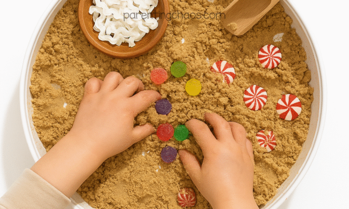 Child arranging colorful gumdrops in the gingerbread moon sand sensory bin.
