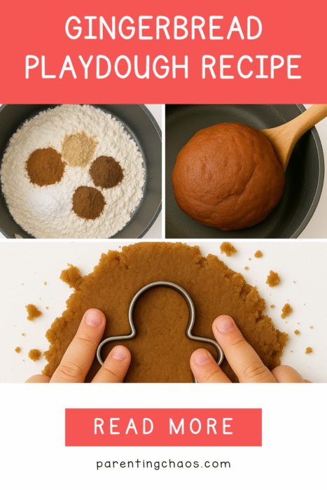 Three steps of a gingerbread play dough recipe. The first shows a bowl of flour with cinnamon, nutmeg, ginger, and cloves. The second shows a ball of finished brown play dough in a pan with a wooden spoon. The third shows a child using a gingerbread man cookie cutter on flattened dough. Text reads “Gingerbread Playdough Recipe” and “Read More.”