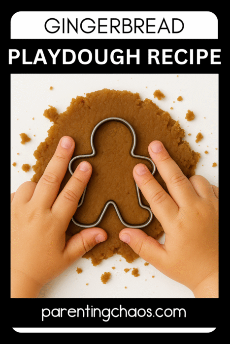 A child’s hands press a gingerbread man cookie cutter into a flattened sheet of brown play dough. Text on the image reads “Gingerbread Playdough Recipe” and “parentingchaos.com.”