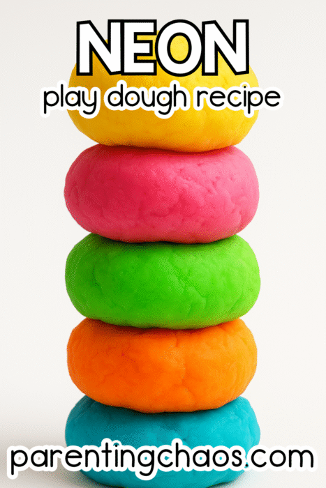 Stack of colorful neon playdough balls in yellow, pink, green, orange, and blue — easy neon play dough recipe for kids by Parenting Chaos