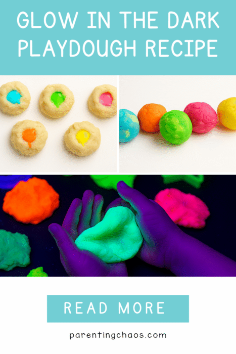 Collage of glow in the dark play dough steps showing neon colors being mixed, rolled into balls, and glowing under blacklight — easy sensory recipe.
