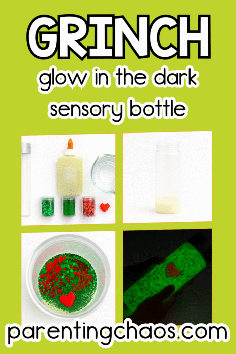 A four-image collage showing the supplies, glue in the bottle, glitter and heart added, and the finished glowing Grinch sensory bottle.