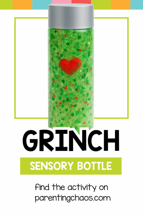 A bright green Grinch sensory bottle filled with glitter and a red heart charm, shown on a clean white background with colorful stripes.