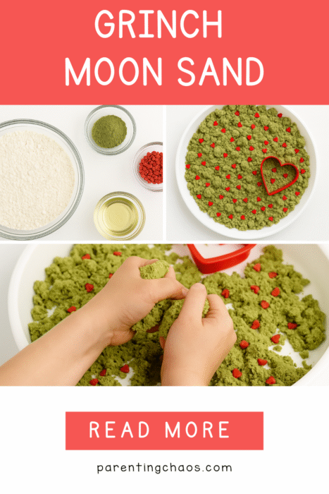 A collage showing the ingredients for Grinch moon sand, a tray of green moon sand with heart sprinkles, and a child playing with the finished mixture.
