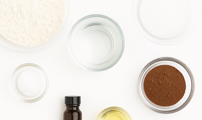 Overhead view of ingredients for hot cocoa playdough arranged in clear bowls on a white background — flour, salt, cocoa powder, oil, vanilla extract, and water.