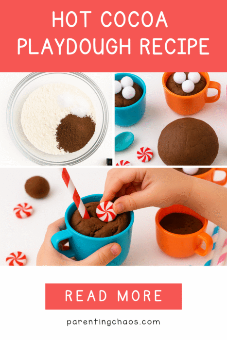 Collage showing ingredients bowl, cups of playdough cocoa with pom-poms, and a child decorating with peppermint toys.