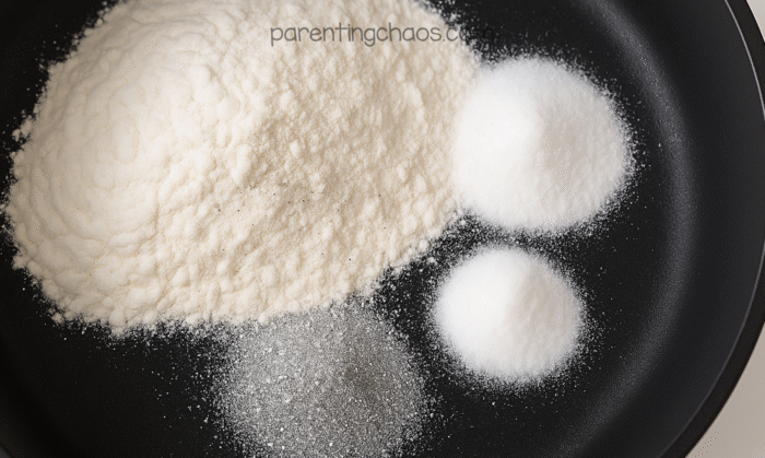 Dry ingredients for peppermint playdough—flour, salt, and glitter—mixed together in a black pan before cooking.
