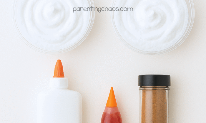Overhead view of the supplies for pumpkin spice puffy paint, including shaving cream, glue, food coloring, and pumpkin spice on a white background.