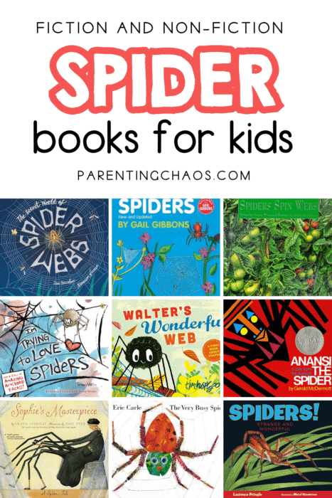 Pinterest graphic for Spider Books for Kids featuring The Very Busy Spider, Walter’s Wonderful Web, I’m Trying to Love Spiders, Anansi the Spider, and Spiders! Strange and Wonderful — fiction and nonfiction spider books for kids.