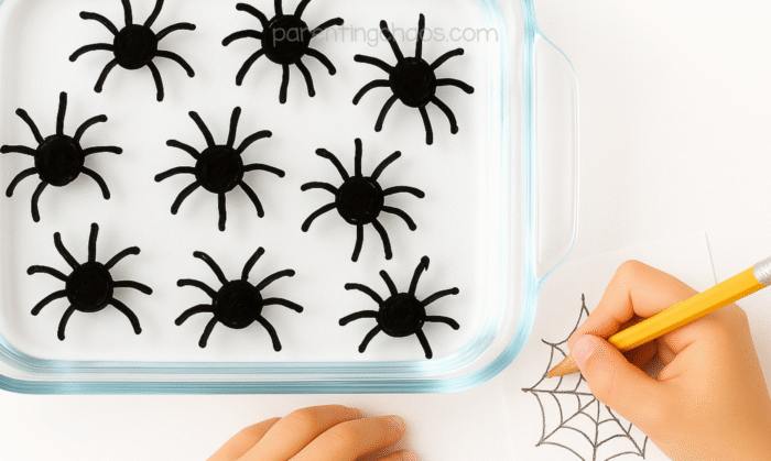 Child drawing a spider web on white paper next to the glass dish filled with floating spiders.