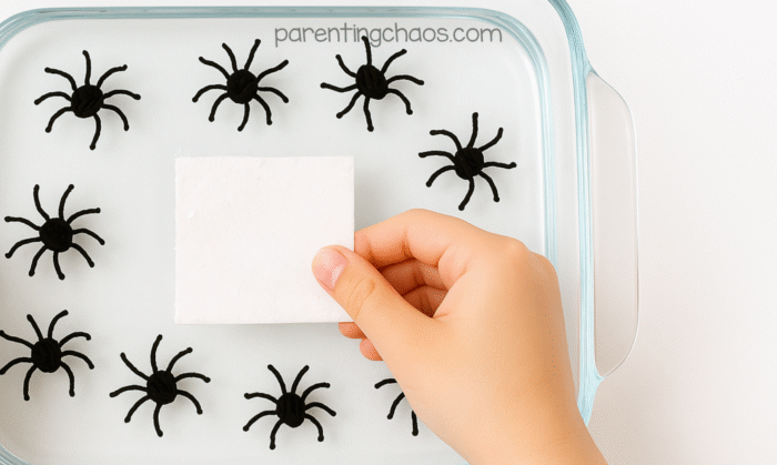 Child holding a small square of paper and pressing it into the water over the floating spiders to “catch” them.