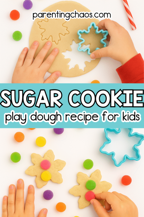 A child decorating sugar-cookie playdough snowflakes with colorful gumdrop pom-poms while another child reaches for pieces.