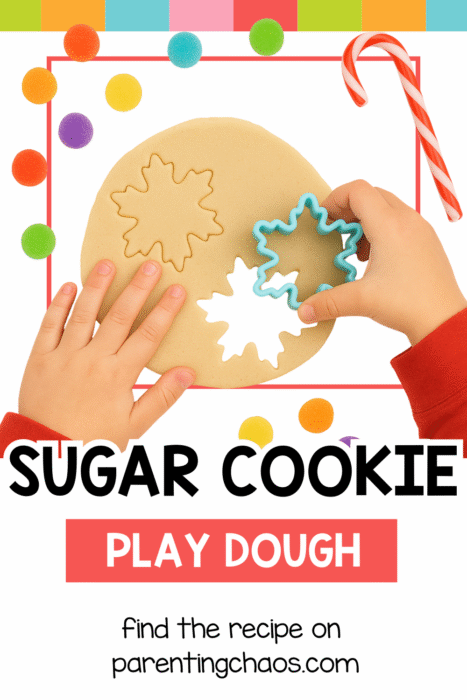 A child cutting snowflake shapes from sugar-cookie playdough surrounded by colorful gumdrop pom-poms and a candy cane.