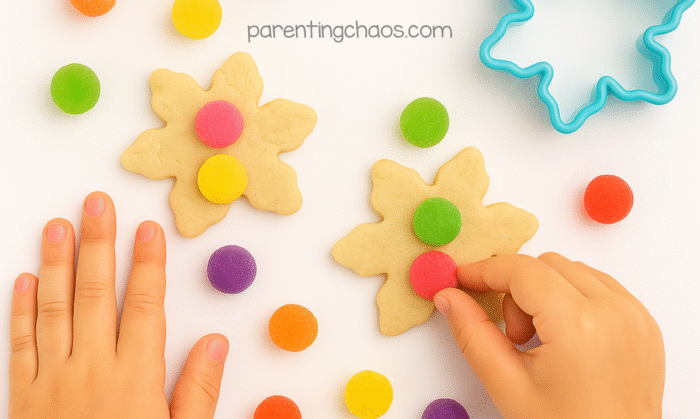 Two playdough snowflake cookies are decorated with colorful gumdrops while small hands press candy pieces into the dough. Text reads “parentingchaos.com.”