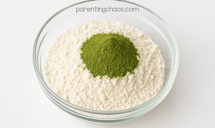 A bowl of flour with a mound of green powder added to the center.