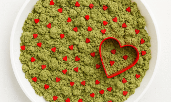 A tray of green Grinch moon sand topped with red heart sprinkles and a red heart-shaped cookie cutter.