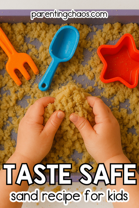 Toddler hands squeezing and playing with homemade taste-safe sand using colorful scoops and molds in a sensory play tray.