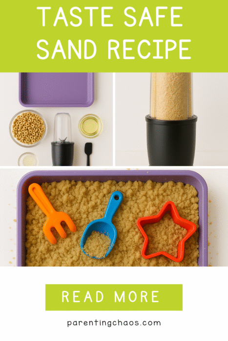 Collage showing ingredients and steps for a taste-safe sand recipe, including Cheerios, oil, blender, and sensory tray setup.