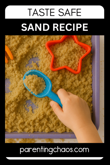Child scooping homemade taste-safe sand with a blue spoon in a purple tray, surrounded by orange and red star-shaped sand molds.