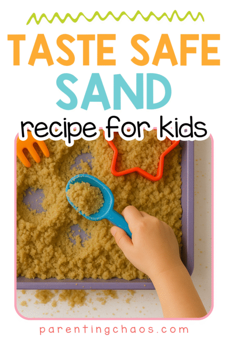 Child using a blue scoop to play with edible sand in a purple tray with bright orange and red molds, text overlay reads “Taste Safe Sand Recipe for Kids.”
