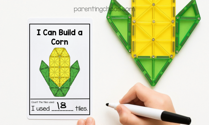 Child using yellow and green magnetic tiles to build a corn shape next to an “I Can Build a Corn” task card. The card has “I used 18 tiles” written in marker at the bottom.