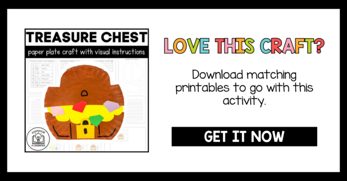 Treasure chest paper plate craft printable activity promotion with finished treasure chest craft and download call to action.