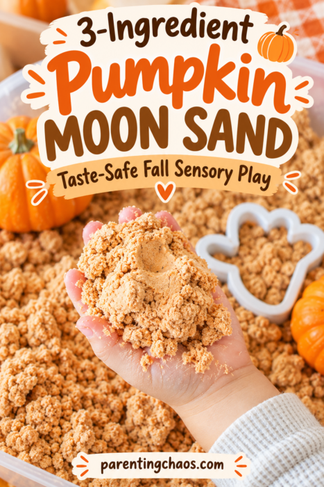 Three-ingredient pumpkin moon sand activity with a child holding the textured mixture in a sensory bin, mini pumpkins, and a white fall-shaped cookie cutter. Text reads “3-Ingredient Pumpkin Moon Sand” and “Taste-Safe Fall Sensory Play.”