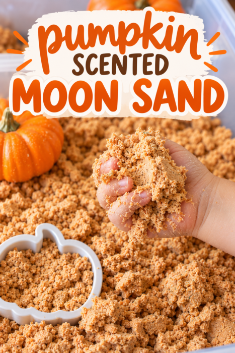 Pumpkin scented moon sand sensory activity with a child holding a handful of the crumbly mixture, orange pumpkins, and a white fall-shaped cookie cutter. Text reads “Pumpkin Scented Moon Sand.”