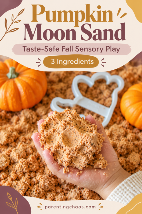Pumpkin moon sand sensory activity with a child holding the crumbly orange-brown mixture, mini pumpkins, and a white fall-shaped cookie cutter. Text reads “Pumpkin Moon Sand,” “Taste-Safe Fall Sensory Play,” and “3 Ingredients.”