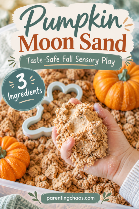 Pumpkin moon sand in a sensory bin with a child holding a clump of the textured mixture, bright orange pumpkins, and a white fall-shaped cookie cutter. Text reads “Pumpkin Moon Sand,” “Taste-Safe Fall Sensory Play,” and “3 Ingredients.”