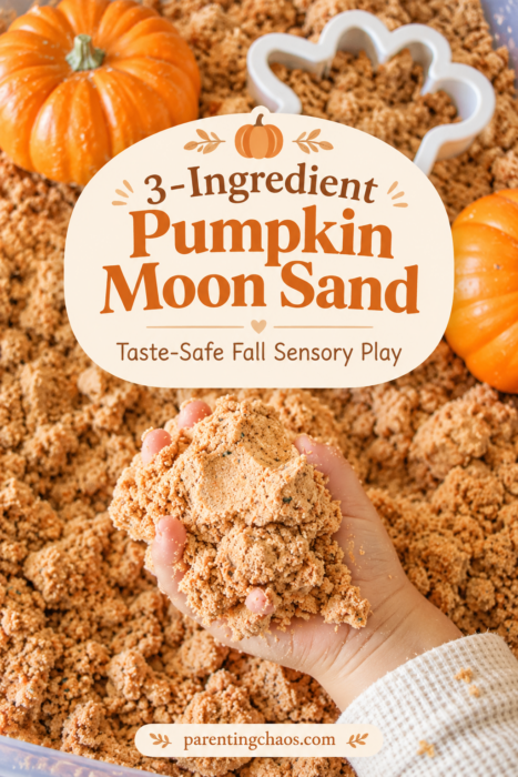 Three-ingredient pumpkin moon sand sensory activity with a child holding the crumbly mixture, mini pumpkins, and a white fall-shaped cookie cutter. Text reads “3-Ingredient Pumpkin Moon Sand” and “Taste-Safe Fall Sensory Play.”