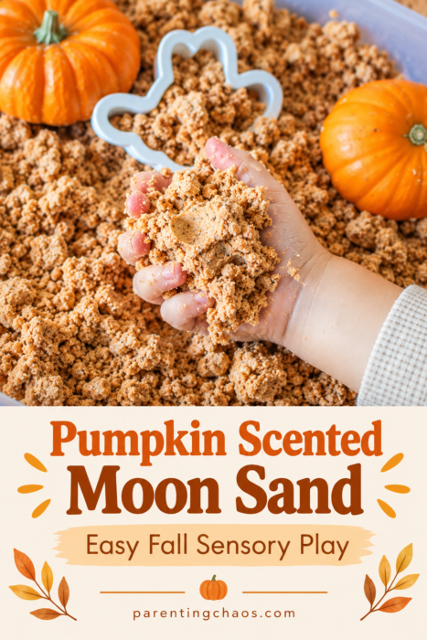 Pumpkin scented moon sand pin with a child holding a large handful of orange-brown sensory sand in a pumpkin-themed bin. Text reads “Pumpkin Scented Moon Sand” and “Easy Fall Sensory Play.”