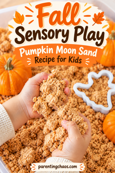 Fall sensory play pin with two child hands pulling apart pumpkin moon sand in a sensory bin, surrounded by mini pumpkins and a white fall-shaped cookie cutter. Text reads “Fall Sensory Play” and “Pumpkin Moon Sand Recipe for Kids.”
